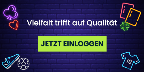 Bunte Neon Symbole aus Sport und Glücksspiel mit grünem Button vor dunklem Hintergrund