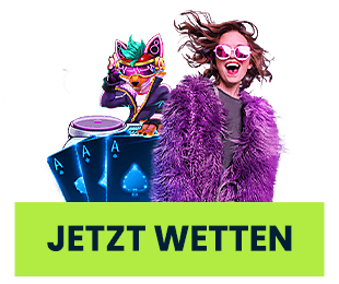 Frau mit lila Mantel und Sonnenbrille neben Spielkarten und animiertem DJ Charakter