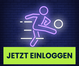 Leuchtende Illustration eines Fußballspielers vor einer dunklen Ziegelwand mit Login Hinweis